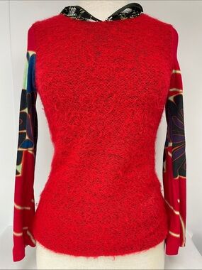 Custo Barcelona Red Fuzzy Knit Long Sleeve Top with Printed Sleeves, Size S